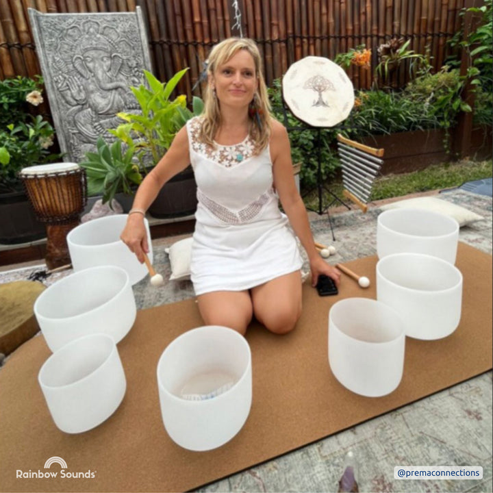 Set of 7 White Sound Therapy Bowls in Beige Carry-On Cases