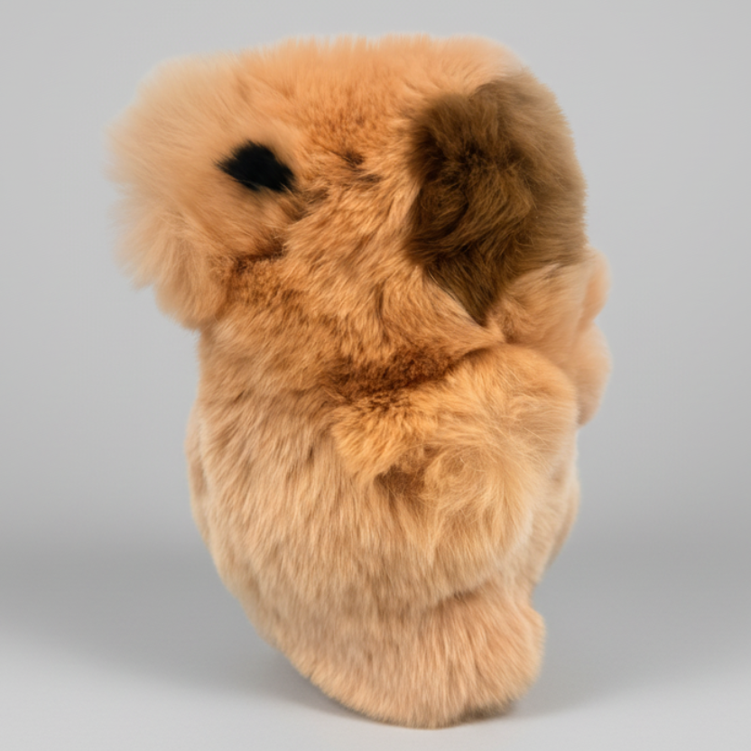 Plush toy resembling a rabbit with brown fur on a white background