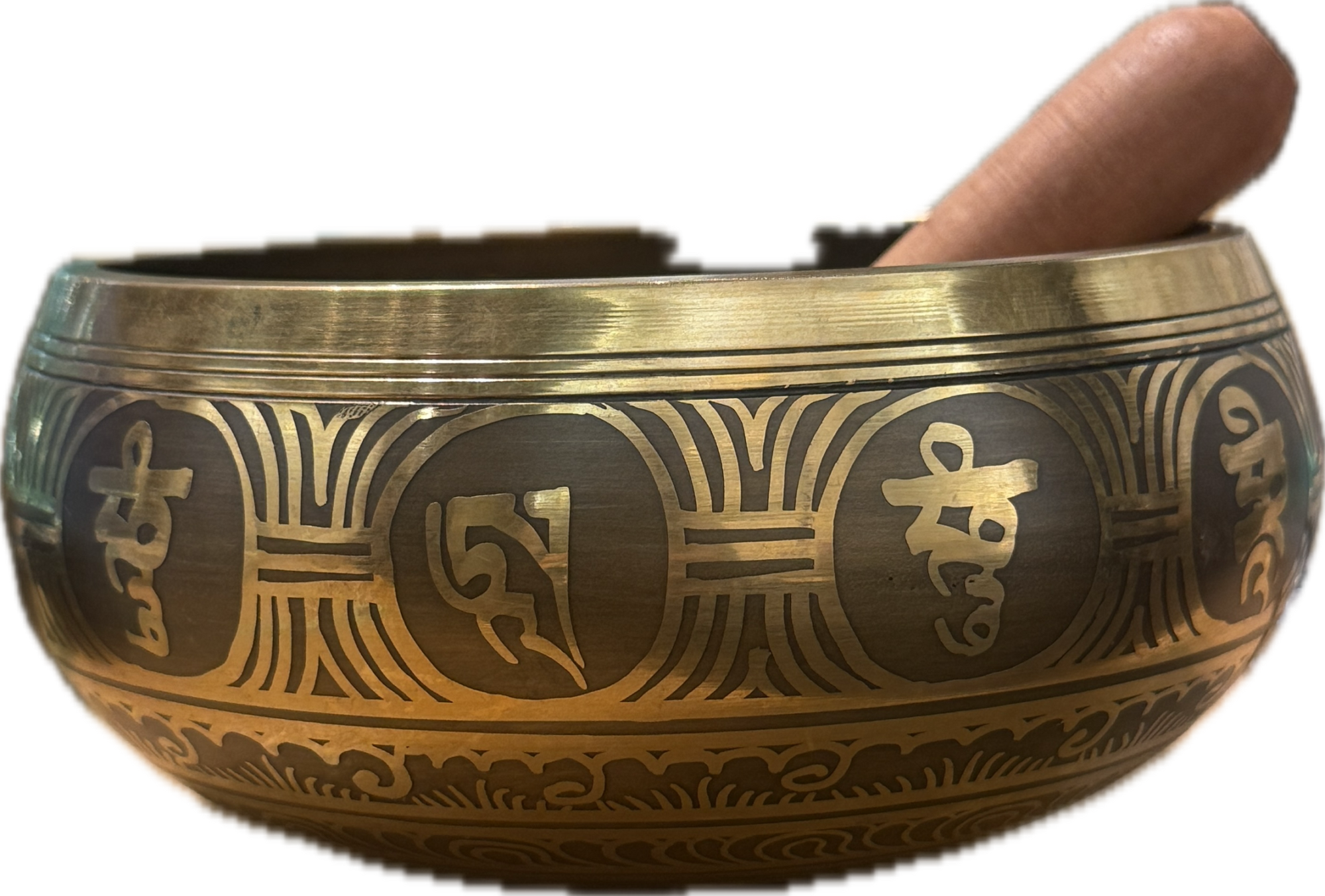Tibetan Singing Bowl with Mallet, 5.5" diameter, featuring intricate designs.