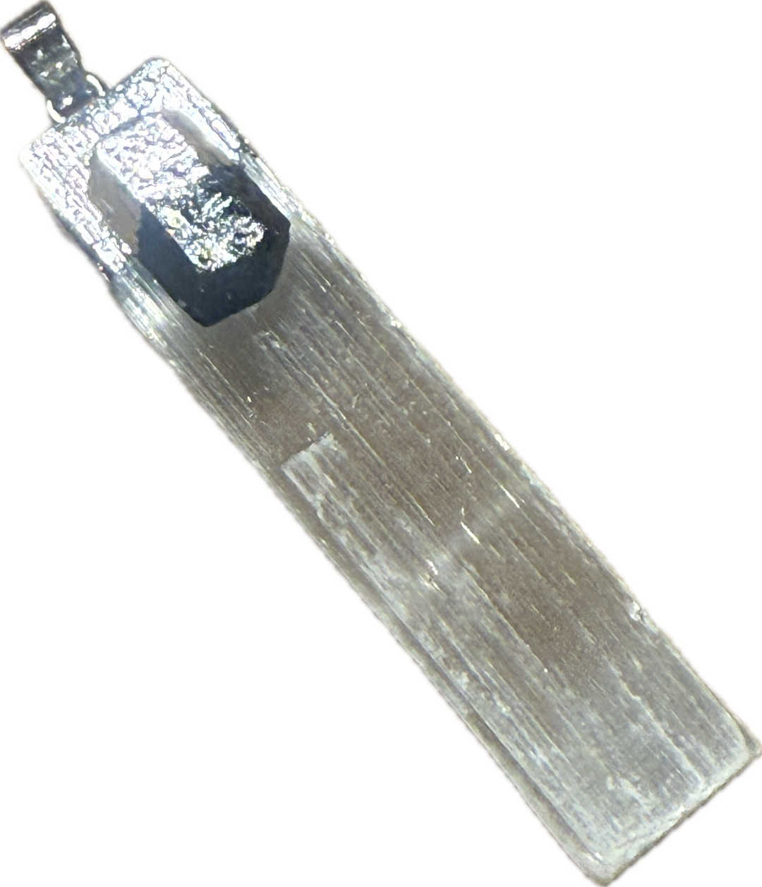 Selenite pendant with tourmaline activator for cleansing and chakra alignment.