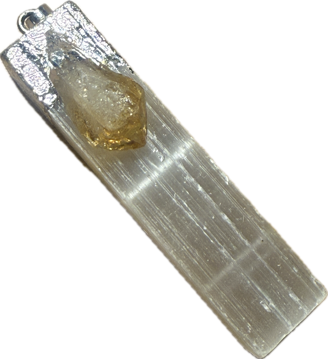 Selenite pendant with citrine activator for wealth and manifestation.