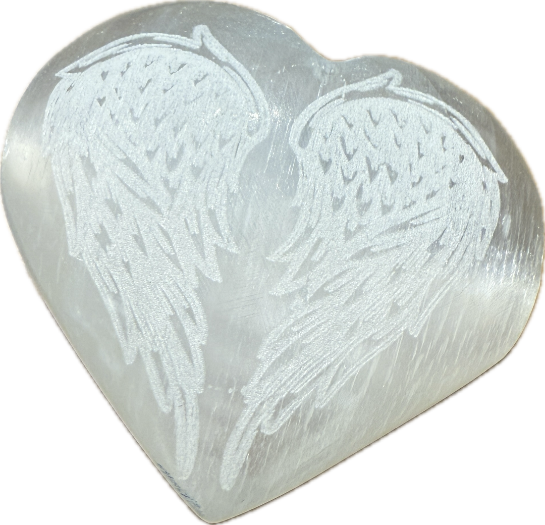 Selenite Angel Wing Heart crystal with engraved wings design, 2 inches.