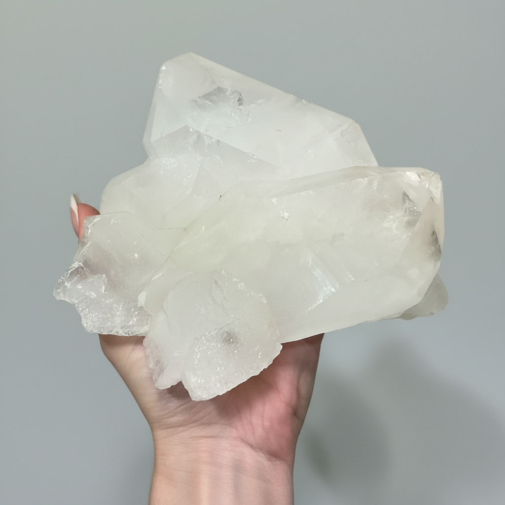 Hand holding a large crystal with a white background