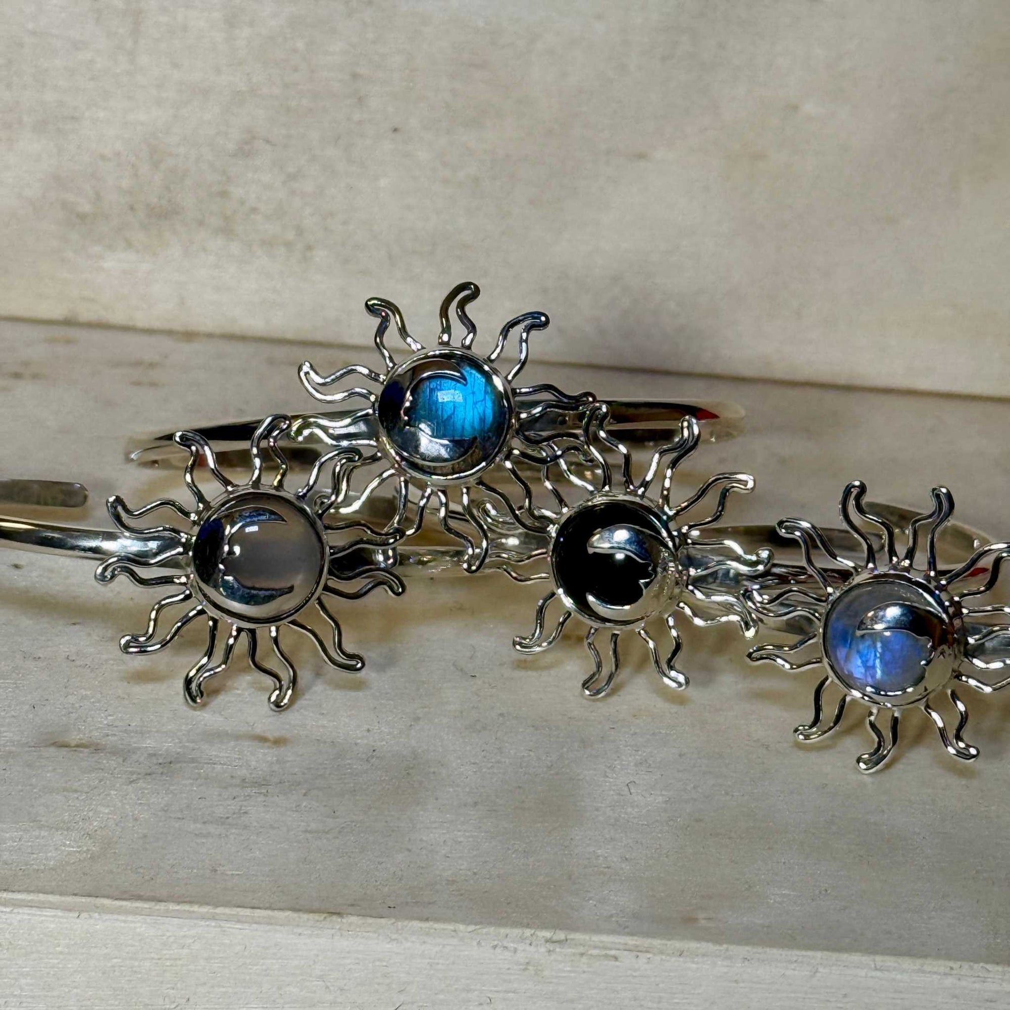 Silver cuff bracelet with sun moon