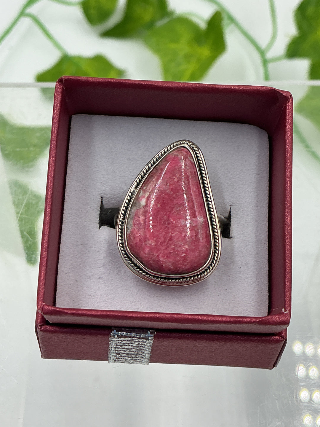 Natural Thulite Teardrop Sterling Silver Ring – Size 6 | Genuine Pink Zoisite Crystal Jewelry