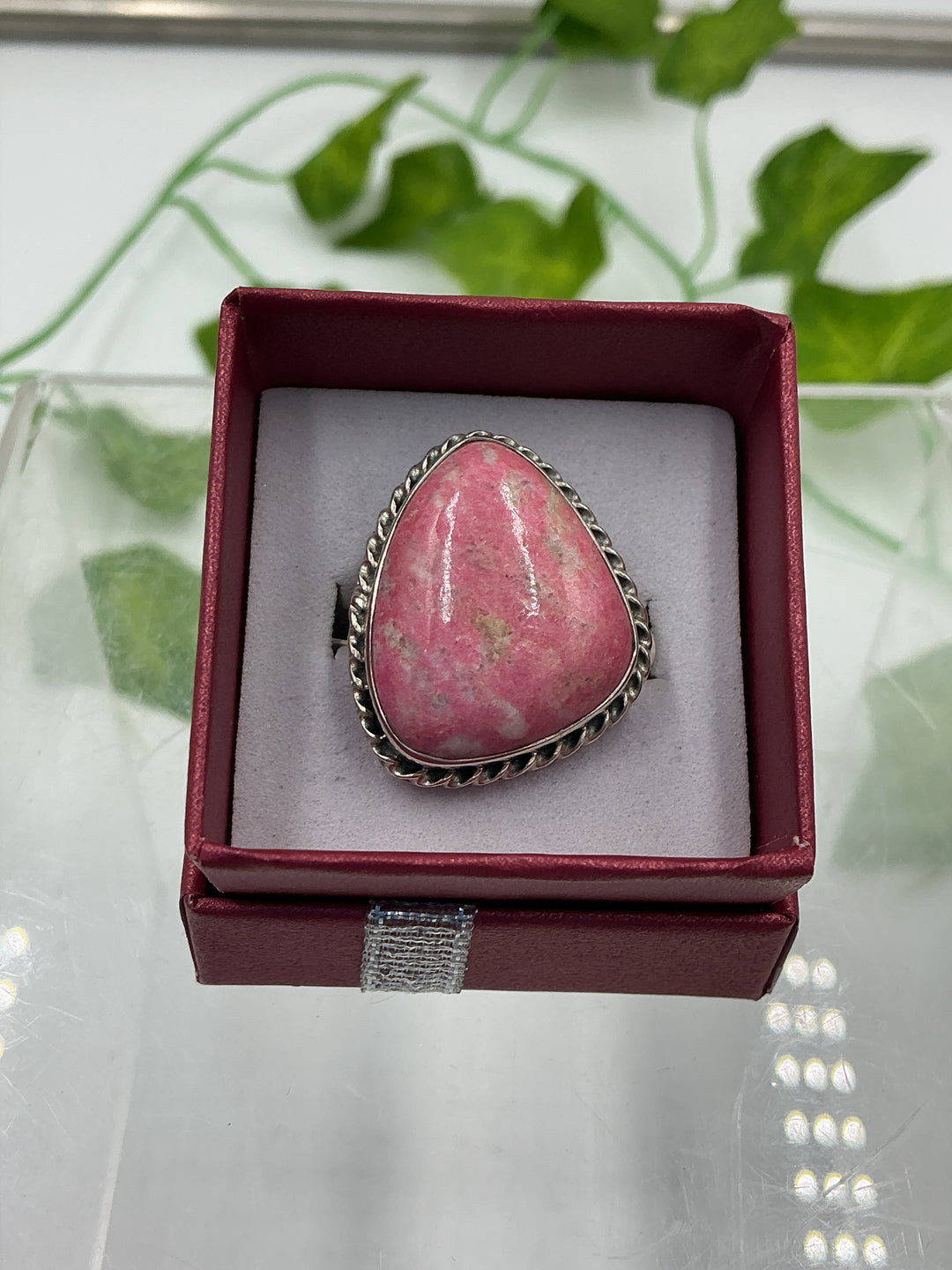Natural Thulite Trillion Sterling Silver Ring – Size 6 | Heart Chakra Crystal Jewelry