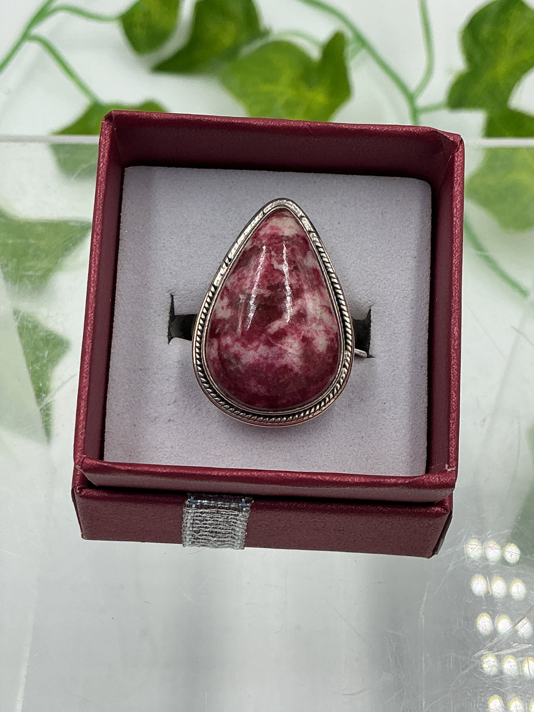 Natural Thulite Teardrop Sterling Silver Ring – Size 7 | Pink Zoisite Artisan Crystal Jewelry