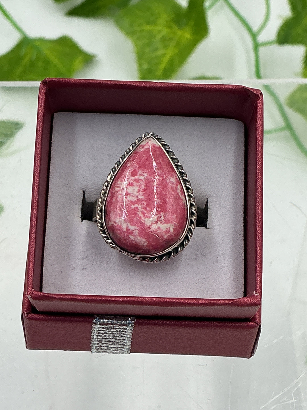 Natural Thulite Pear Sterling Silver Ring – Size 7 | Genuine Pink Zoisite Crystal Jewelry