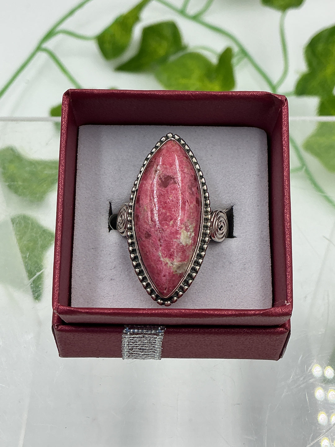 Natural Thulite Marquis Sterling Silver Ring – Size 7 | Artisan Pink Zoisite Statement Ring