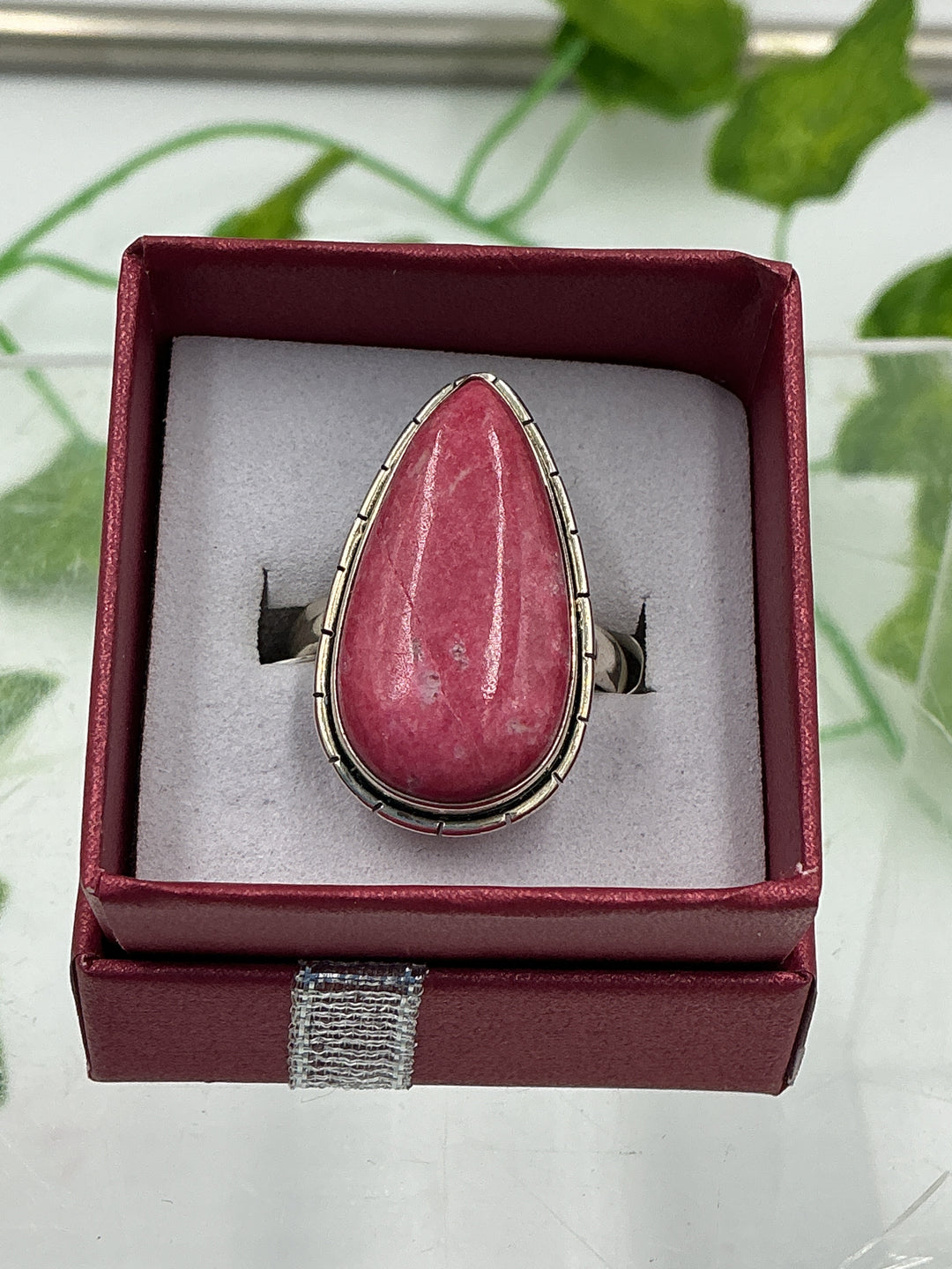 Natural Thulite Teardrop Sterling Silver Ring – Size 8 | Genuine Pink Zoisite Crystal Jewelry