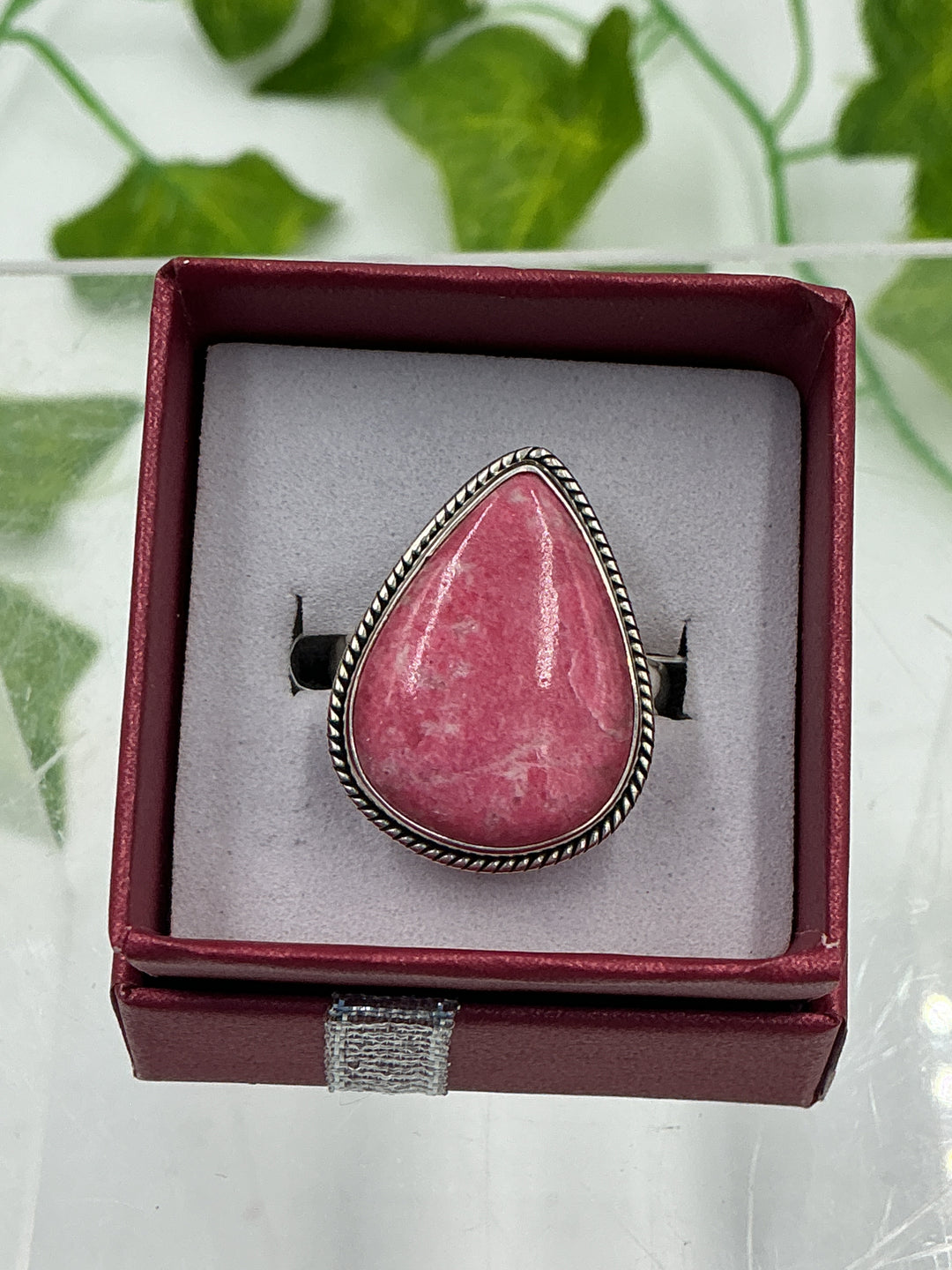Natural Thulite Teardrop Sterling Silver Ring – Size 8 | Genuine Pink Zoisite Crystal Jewelry