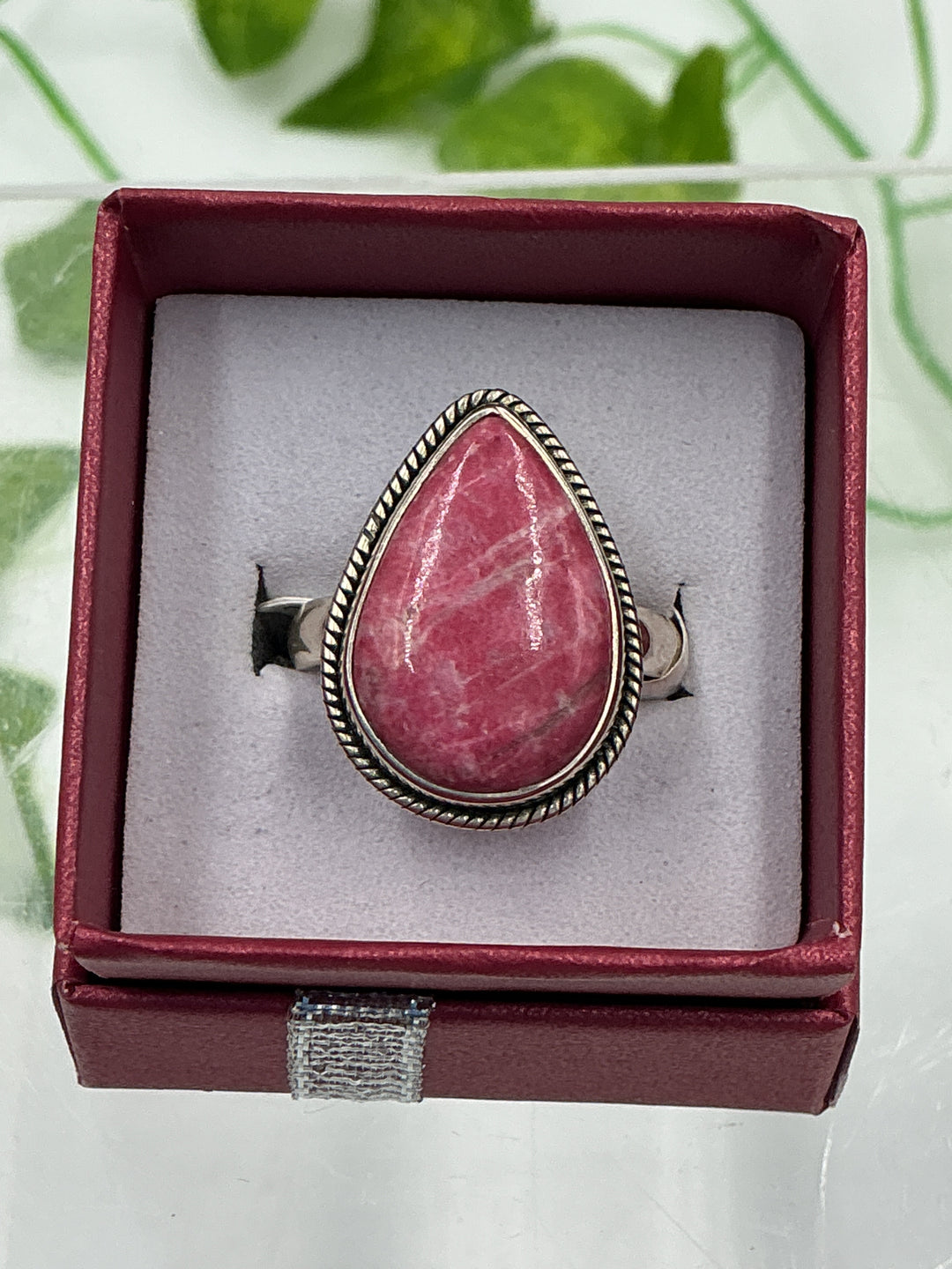 Natural Thulite Teardrop Sterling Silver Ring – Size 9 | Genuine Pink Zoisite Crystal Jewelry