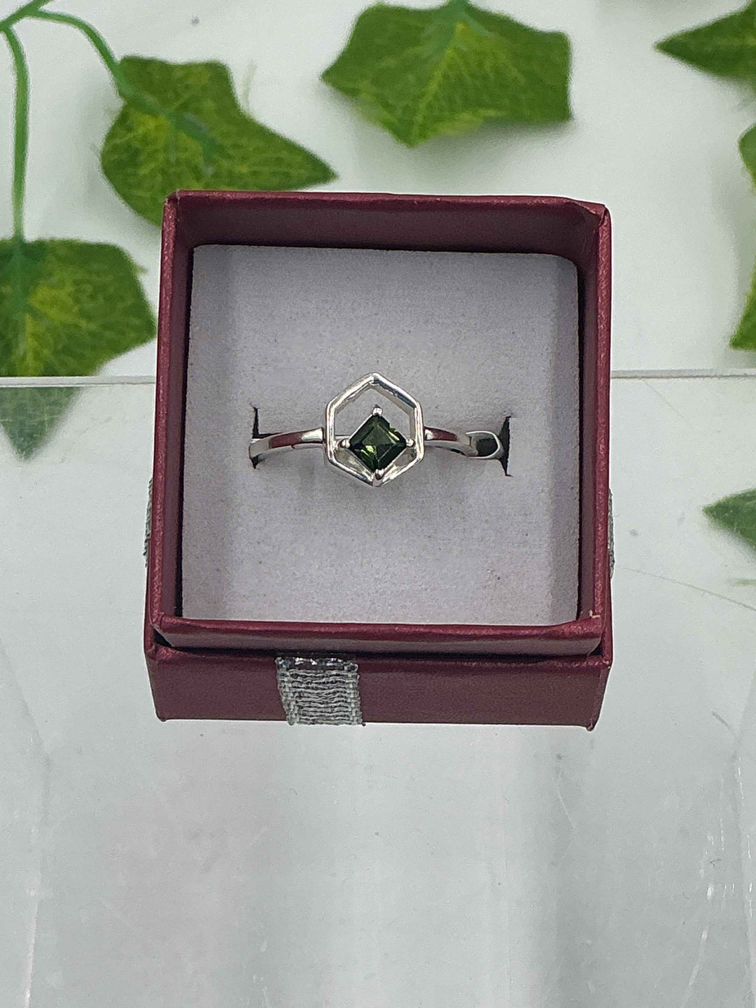Sterling Silver Tourmaline Green Hexagon Bezel Ring - Size 8