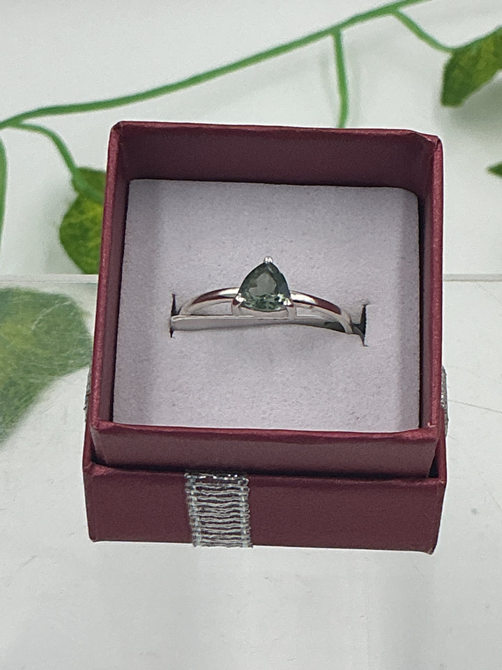 Sterling Silver Tourmaline Green Trillion Solitaire Ring - Size 9 from Sacred Crystals