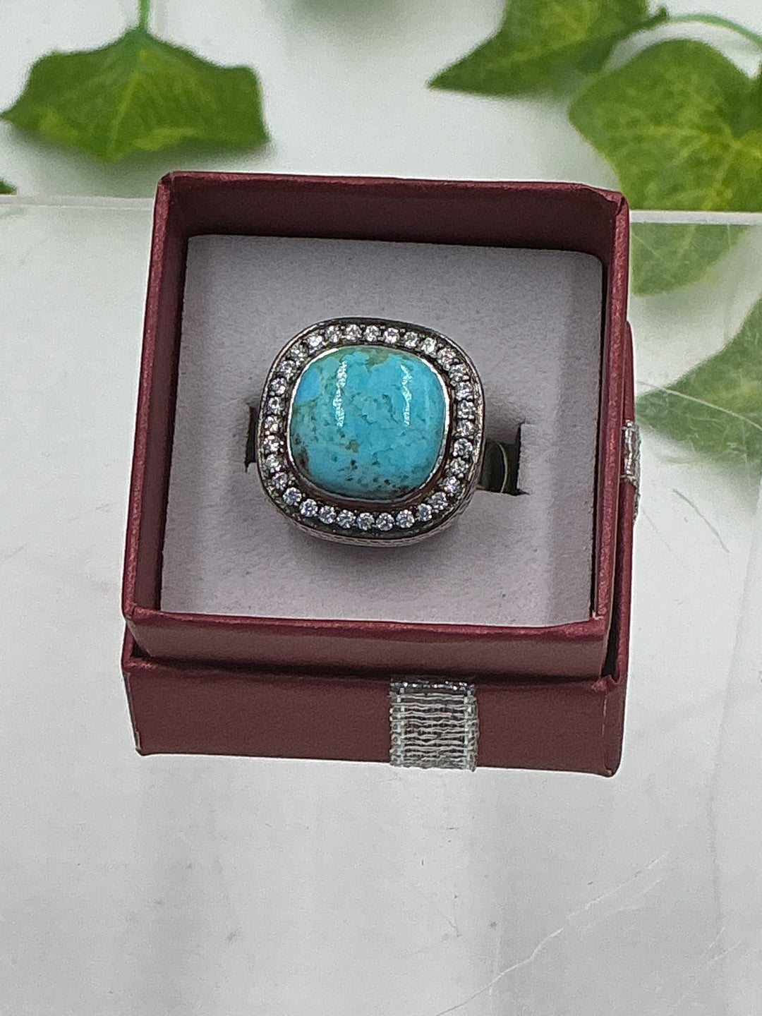 Sterling Silver Turquoise Cushion Halo Ring - Size 6