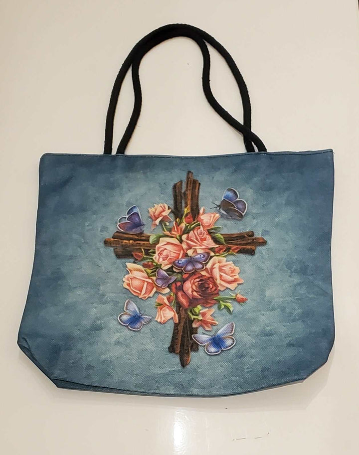 Tote Bag - Cross with Roses &amp; Butterflies