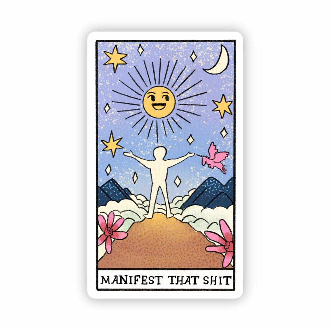 "Manifest That Shit" tarot card vinyl sticker with mystical sun, stars, moon, and figure design, waterproof and durable for laptops and water bottles.