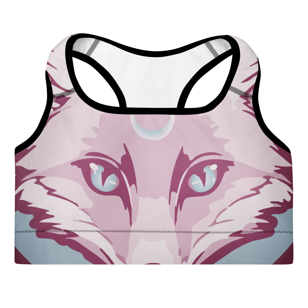 Pink and purple padded sports bra with wolf face design and black trim racerback style