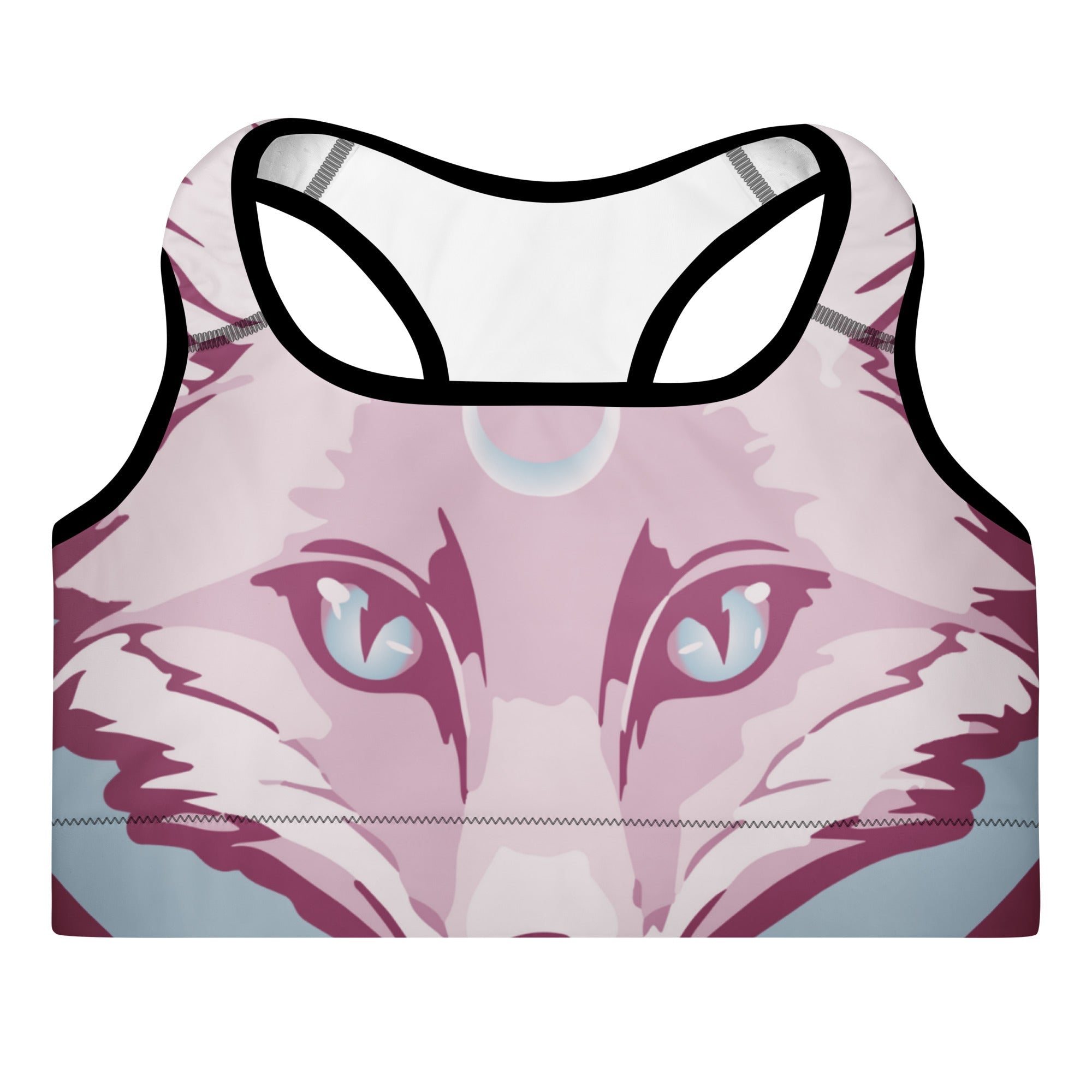 Pink and purple padded sports bra with wolf face design and black trim racerback style