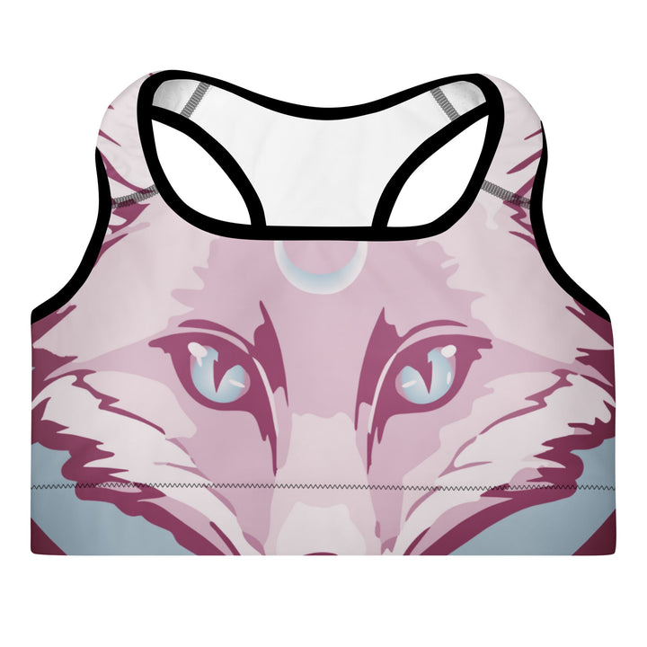 Pink and purple padded sports bra with wolf face design and black trim racerback style