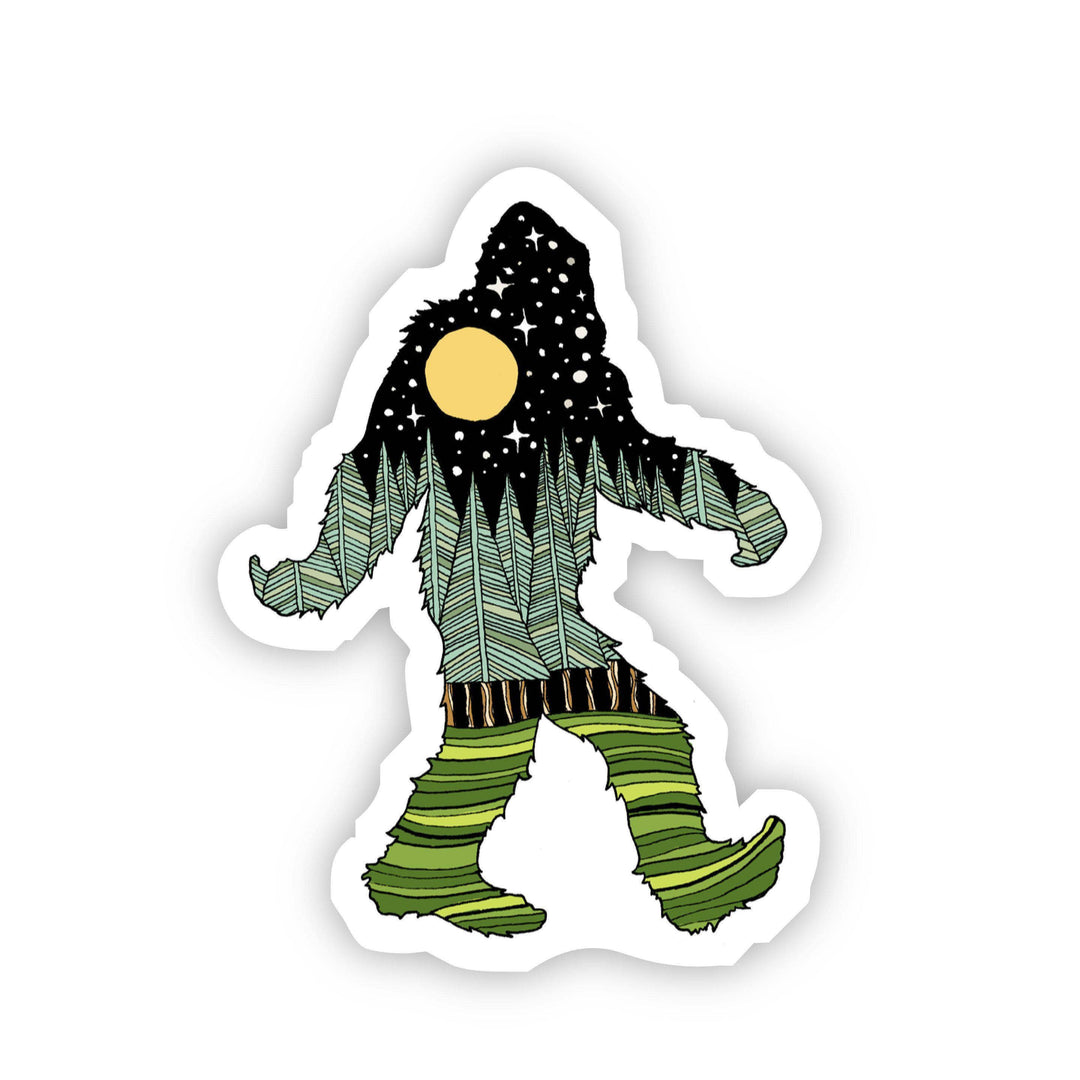 Bigfoot Nature Sticker with forest and moon design, waterproof and durable vinyl for indoor and outdoor use