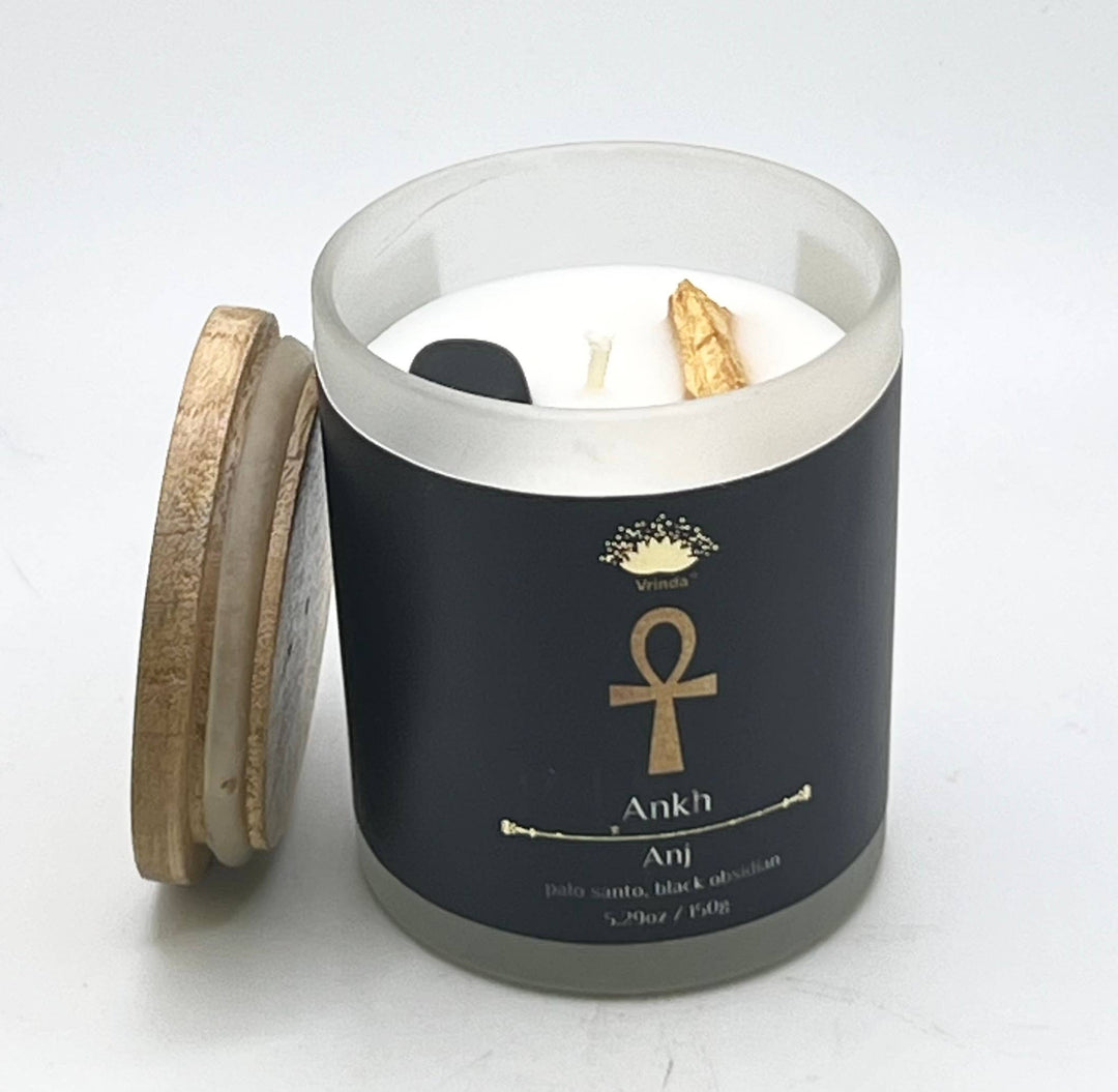 Ankh Ritual Candle with Black Obsidian and Palo Santo