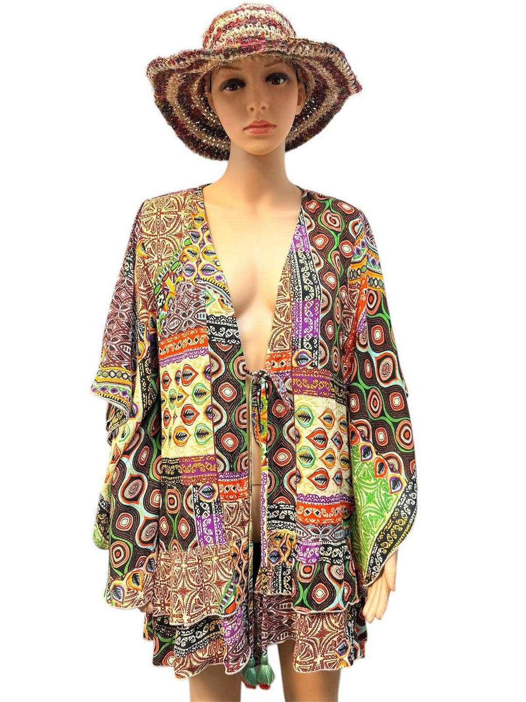 Cotton Viscose multi color open front cardigan with vibrant Nepalese patterns on mannequin wearing matching hat
