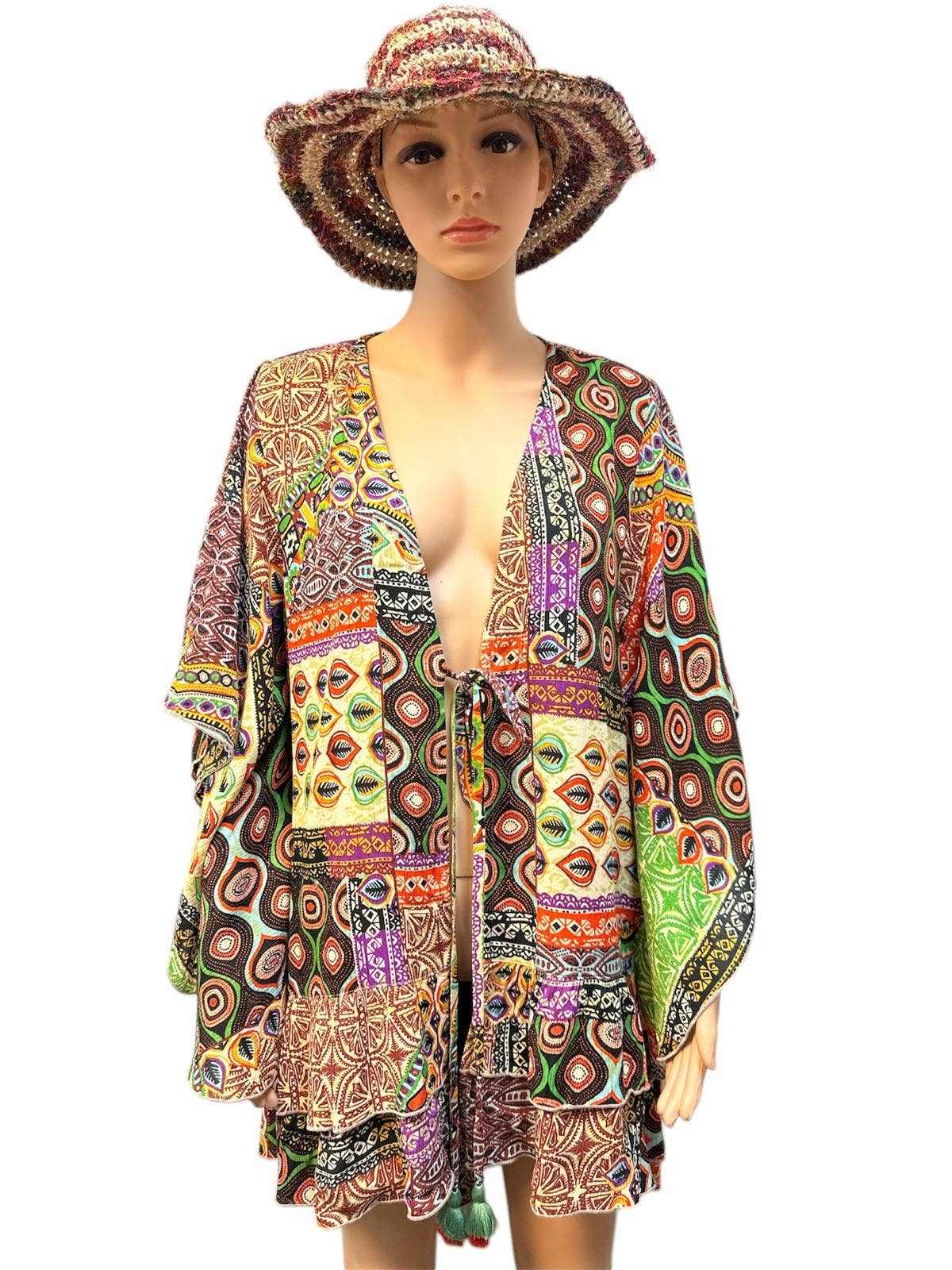 Cotton Viscose multi color open front cardigan with vibrant Nepalese patterns on mannequin wearing matching hat