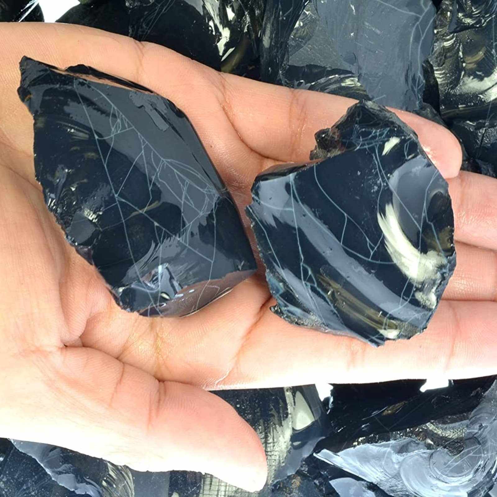 Two dark crystal-like objects held in a hand with a blurred background
