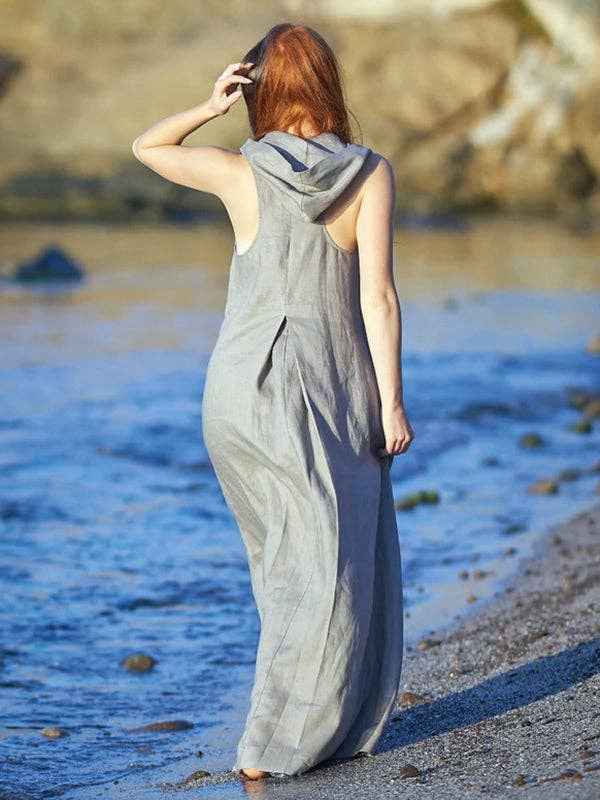 Original Simple Loose Gray Hooded Maxi Dress
