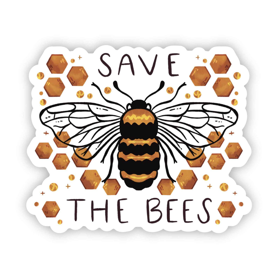 "Save The Bees nature sticker featuring a bee with honeycomb design, waterproof and durable vinyl"