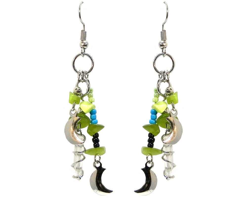 Crystal Moon Charm Beaded Chip Stone Long Dangle Earrings