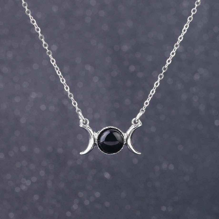 Black Agate Triple Moon Necklace - Sacred Crystals