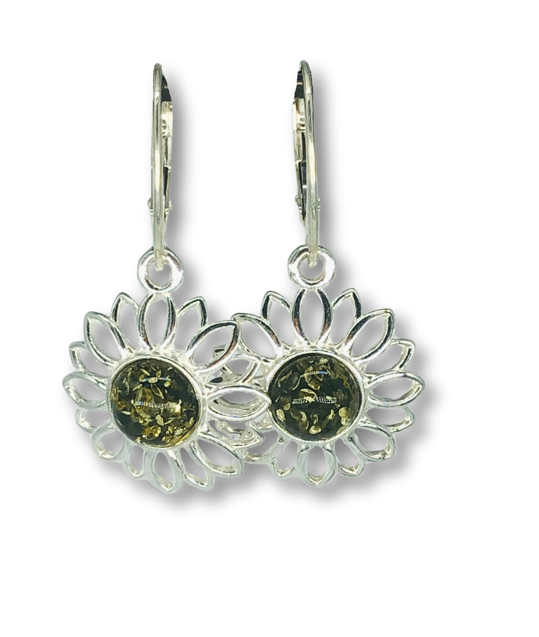 Baltic Amber Flower Earrings | Green or Orange Fossilized Resin