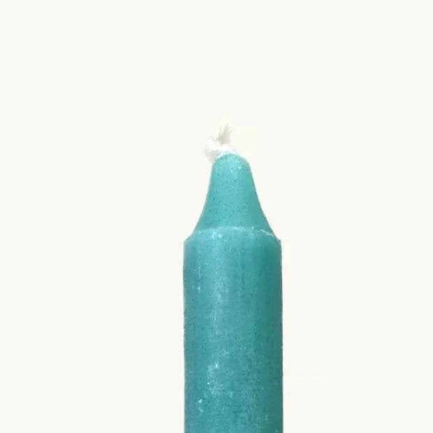 Turquoise candle with a white wick on a white background
