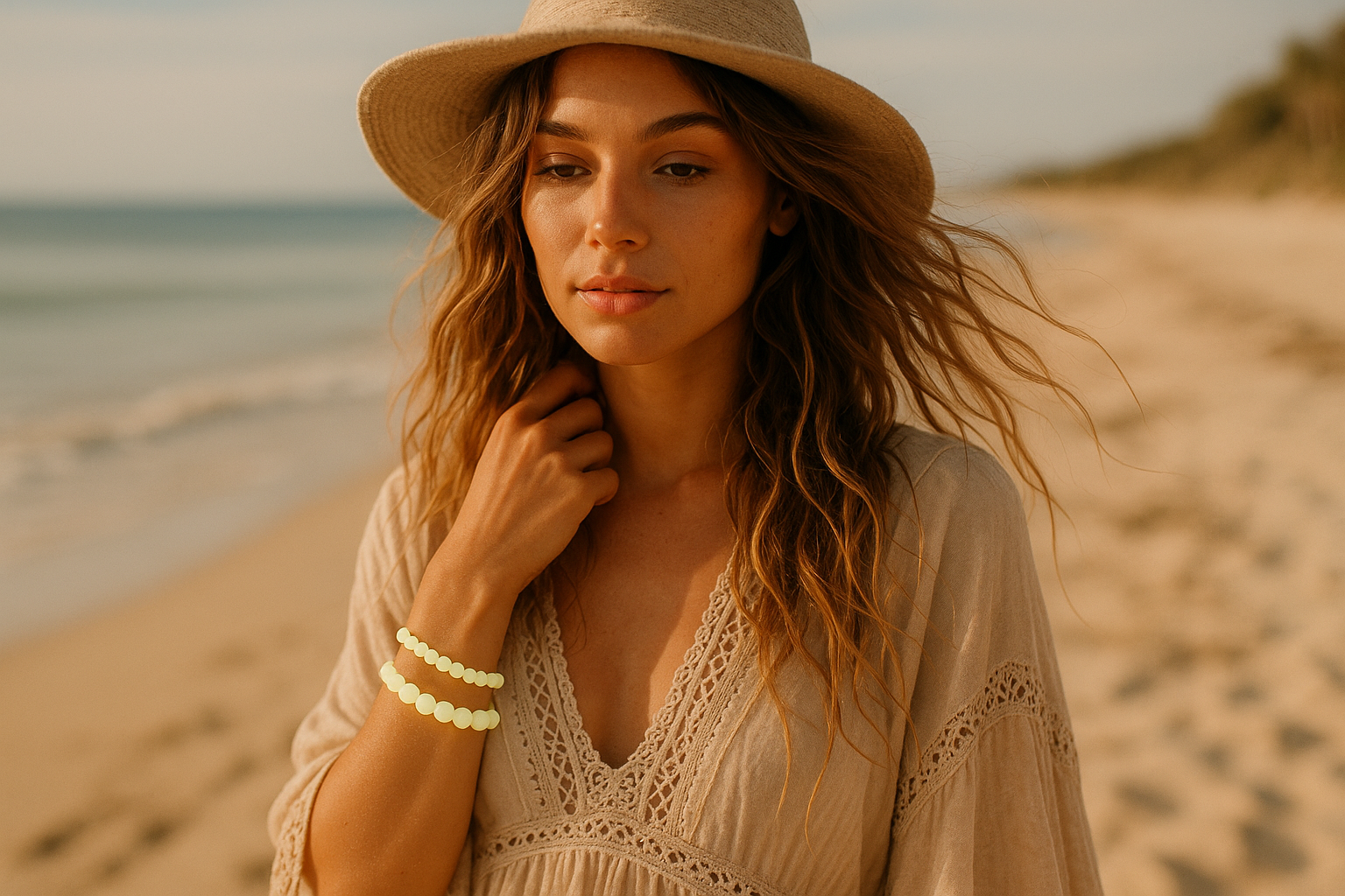 Boho Model, beach tones, wearing 3 of our glow in the dark bracelet in all 3 sizes. Dainty 6mm, 8mm and 10mm. It is daytime so the bracelets appear a pale yellow