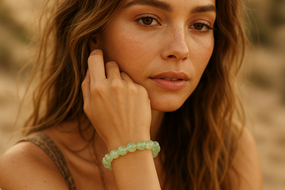 boho model close up wearing our 8mm Prehnite bracelet 