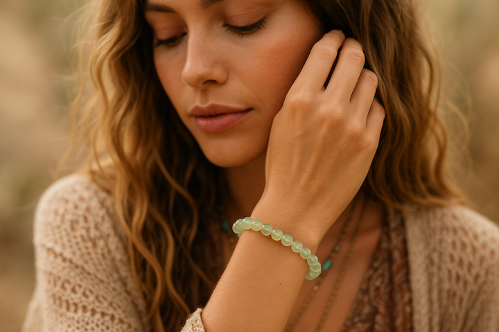 boho model close up wearing our prehnite bracelet 6mm