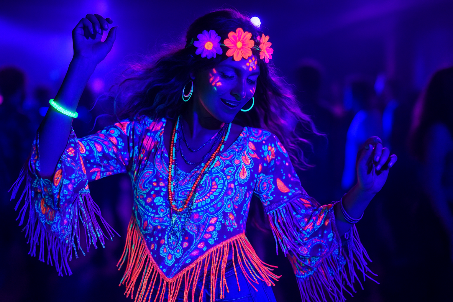 boho-party-girl-at-black-light-party-rave-wearing-our-6mm-glow-in-the-dark-bracelet-the-bracelet-faintly-glows-green