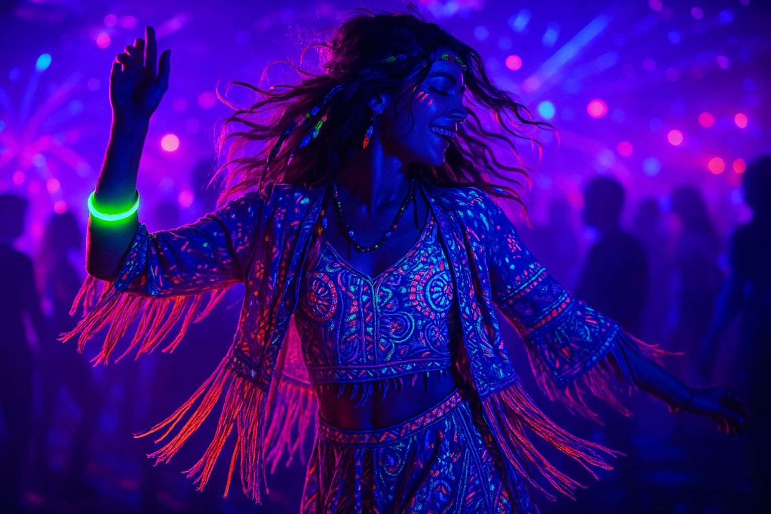 Boho party girl at black light party rave wearing our 6mm glow in the dark bracelet.  the bracelet glows green 