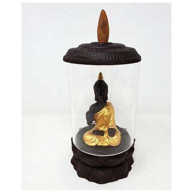 Buddha in Acrylic Jar Polyresin BACK FLOW Incense Cone Burner 6"High x 3.75" Wide - Sacred Crystals Backflow Burners