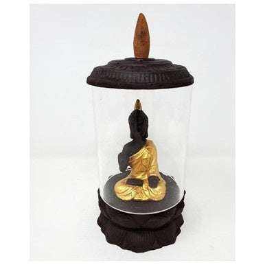 Buddha in Acrylic Jar Polyresin BACK FLOW Incense Cone Burner 6&quot;High x 3.75&quot; Wide - Sacred Crystals Backflow Burners