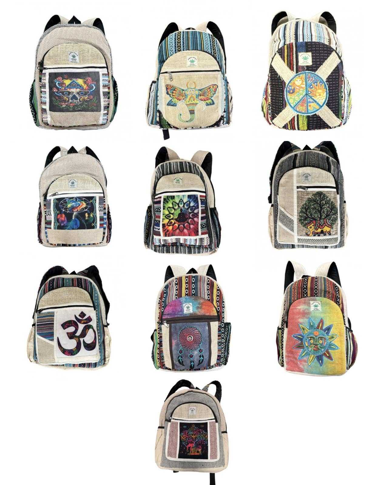 Assorted patchwork Himalayan Hemp Hippie Backpacks made from sustainable hemp with colorful Nepalese designs