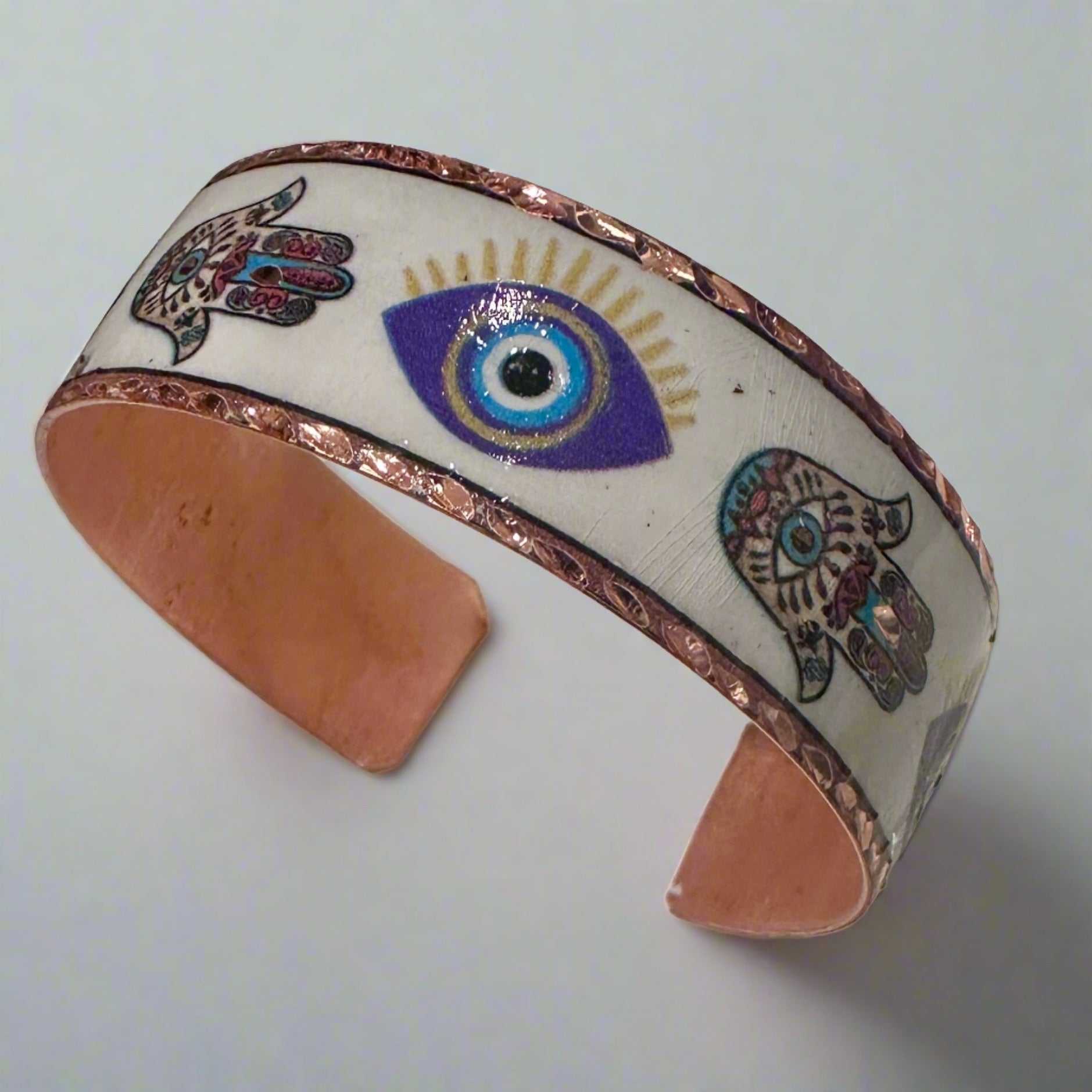 Copper Bangle with Enamel Evil Eye and Hamsa Designs - Sacred Crystals Bracelets