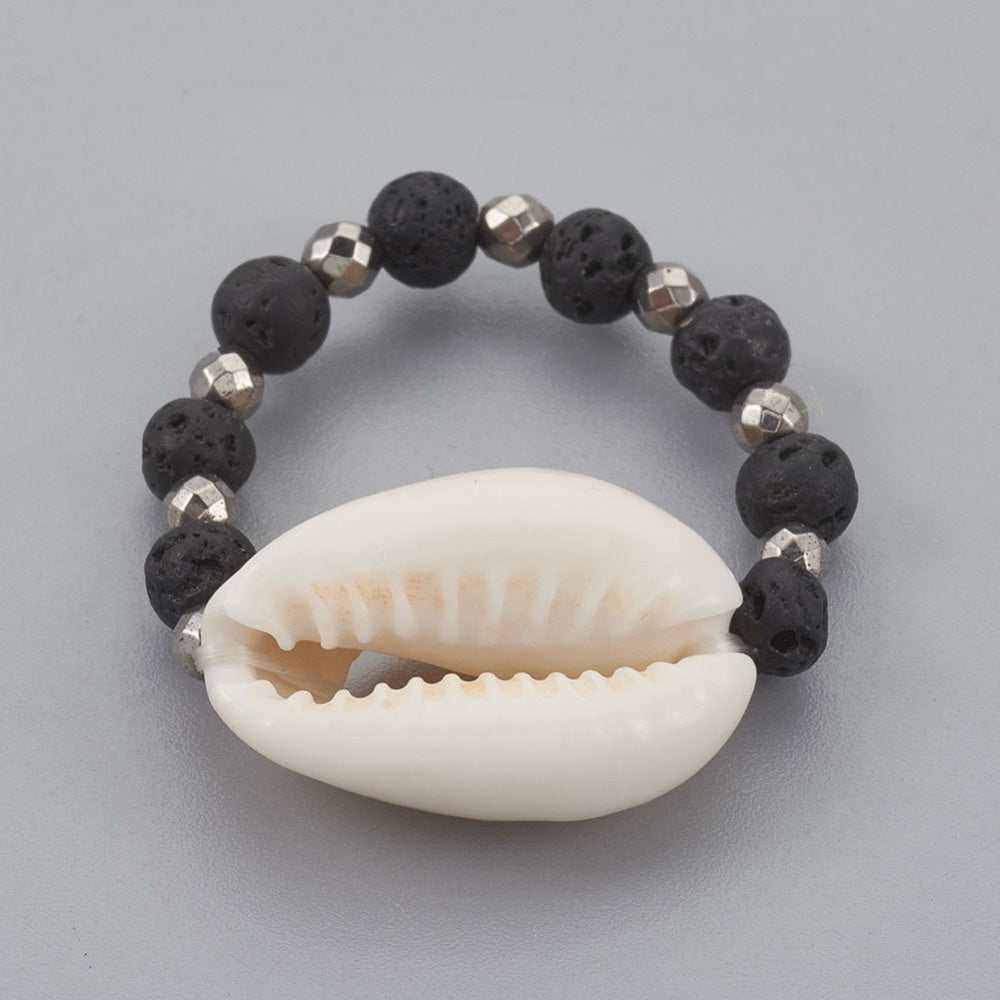 Cowrie Shell/Lava Stretch Ring - Sacred Crystals Jewelry