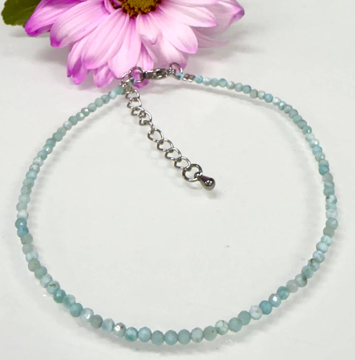 2mm Faceted Natural Larimar Anklet Stainless Steel Clasp - Dolphin Dancer