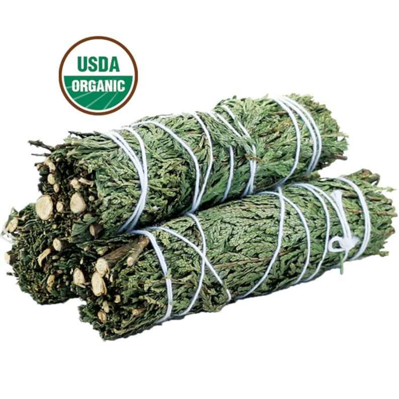 USDA organic 4-inch cedar sage smudge stick bundle wrapped in white string for cleansing and spiritual use