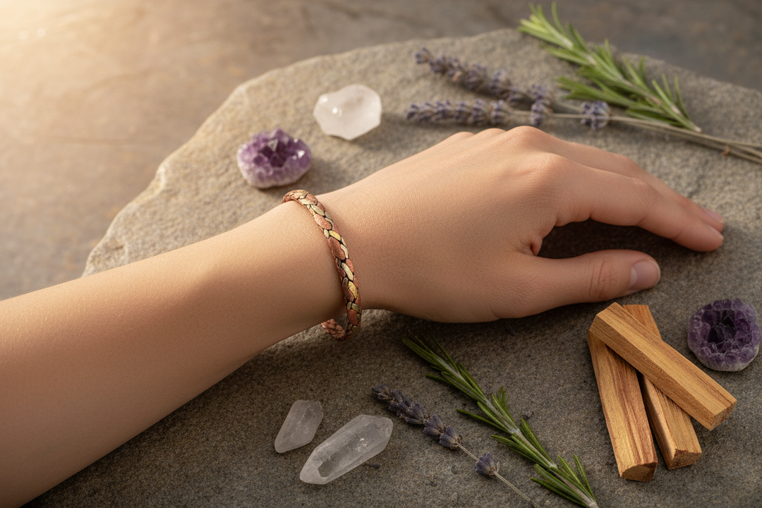 Dainty Copper Brass Braid Cuff Lifestyle