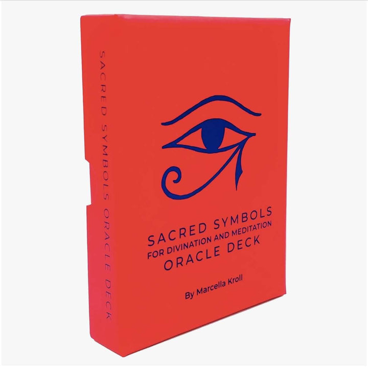Sacred Symbols Oracle Deck by Marcella Kroll featuring Eye of Horus symbol on red box for divination and meditation