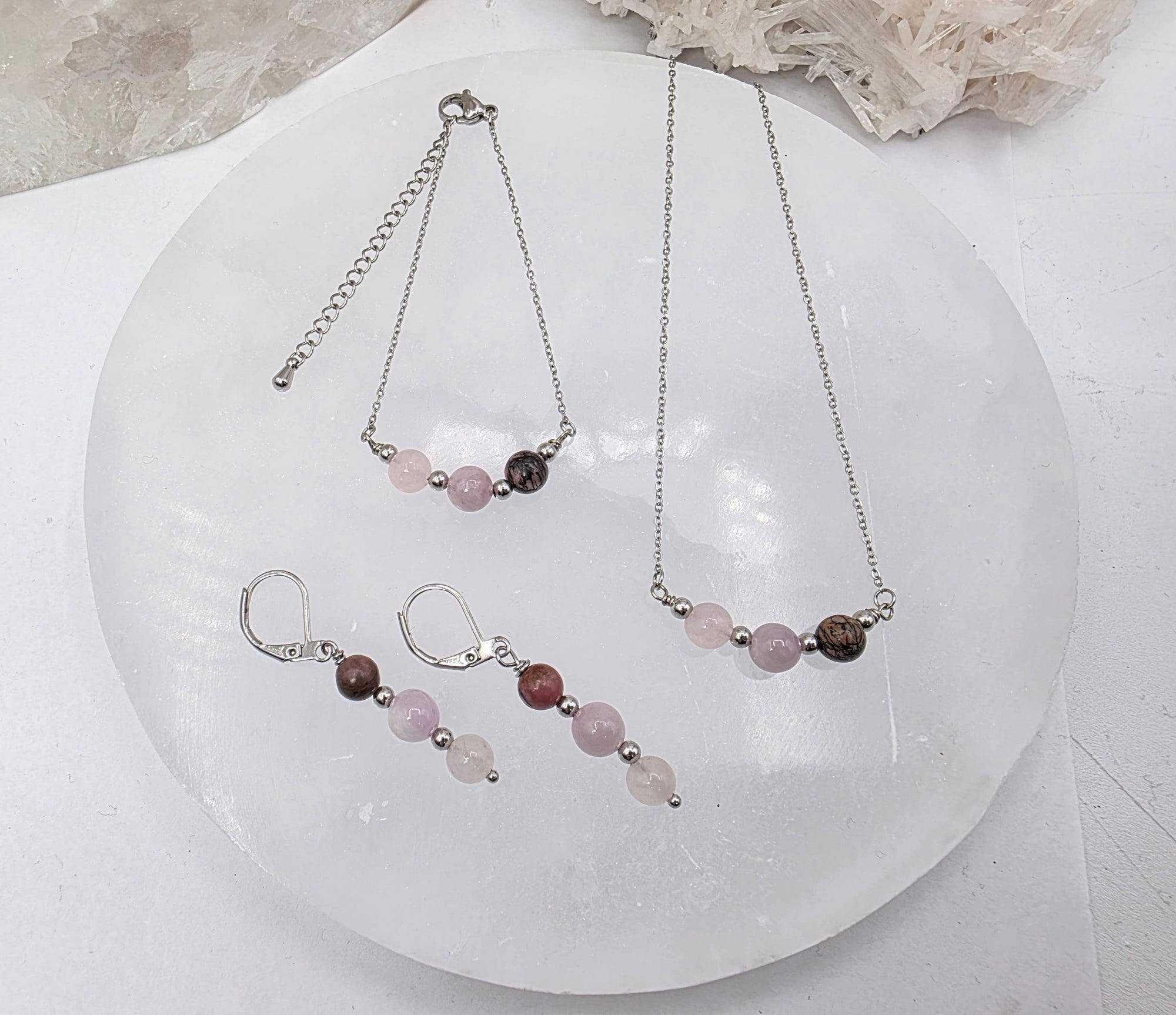 I AM ENOUGH -Kunzite, Rose Quartz, Rhodonite Gem Jewelry Set